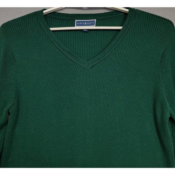 Karen Scott Ribbed Pullover Sweater Womens XXL Green V-Neck Long Sleeves - Picture 3 of 9